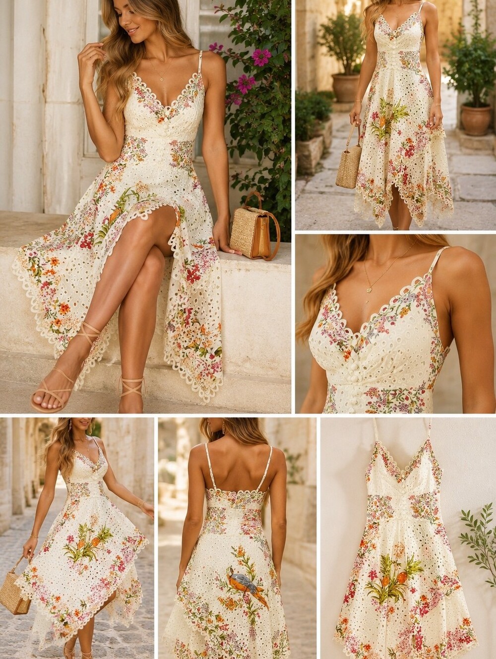FARM Rio Ivory Eyelet Midi Dress with Floral Print
